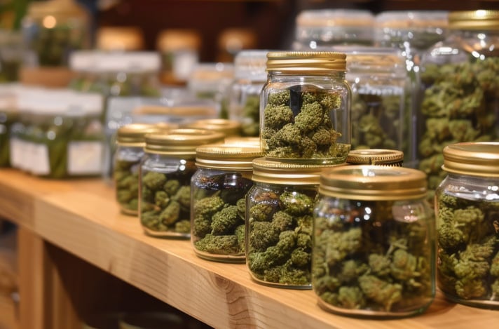 Jars of cannabis stacked on a dispensary counter display.