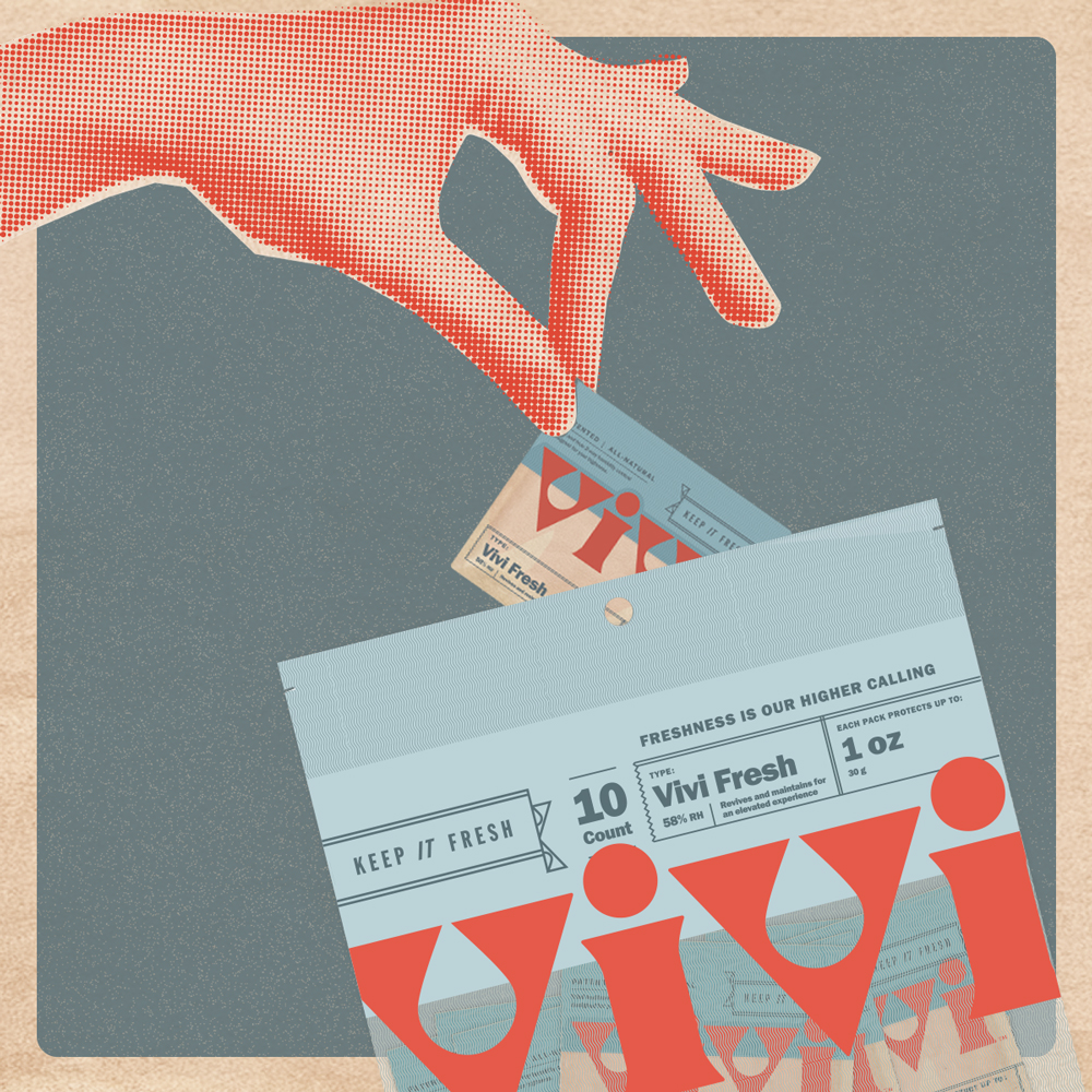 A hand removing a Vivi Fresh pack from a bag. A hand removing a Vivi Fresh pack from a bag.