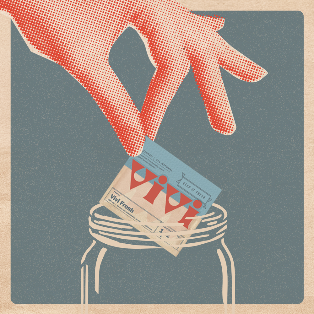 A hand placing a Vivi Fresh pack into a jar. A hand placing a Vivi Fresh pack into a jar.