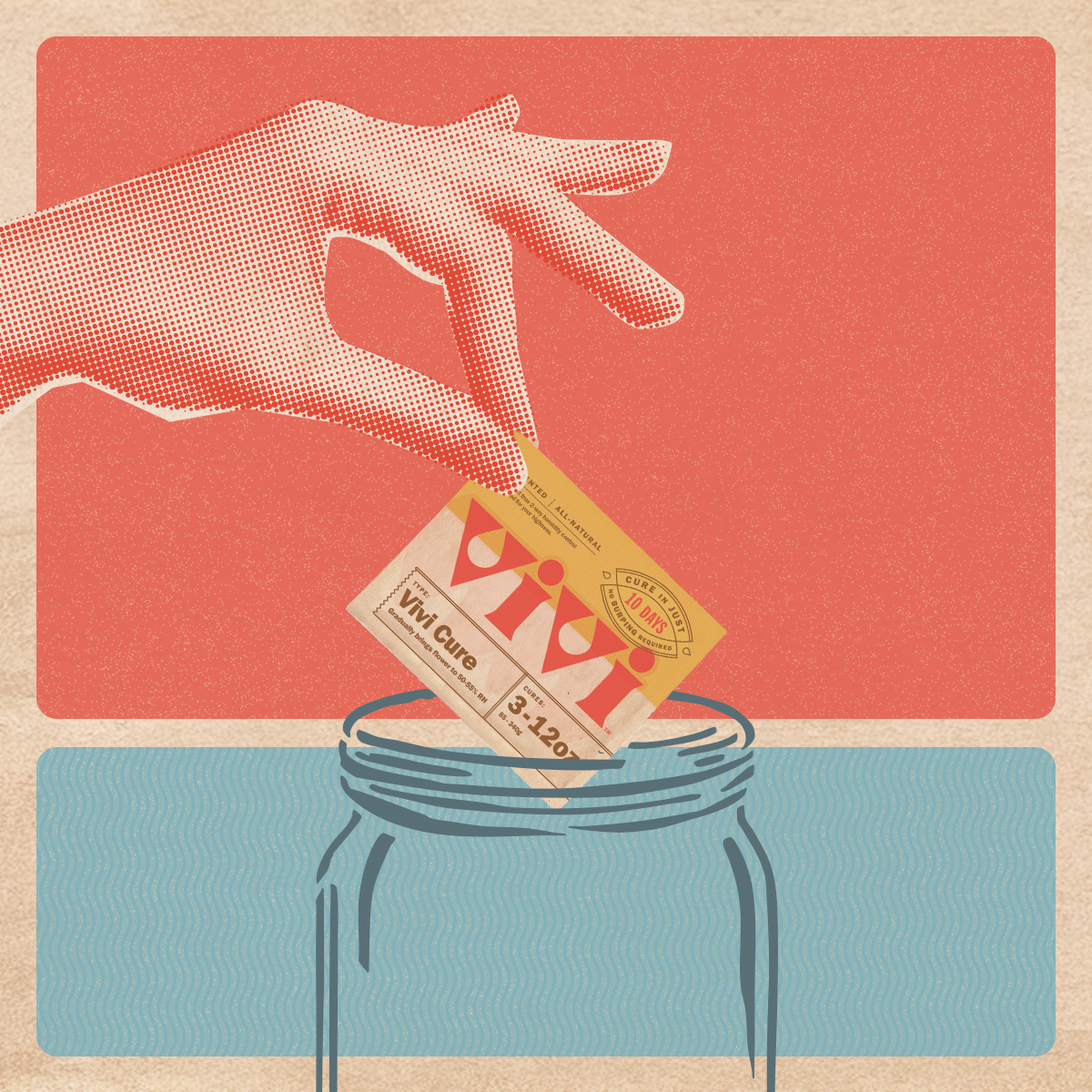 A hand placing Vivi Cure into an illustration of an empty jar. A hand placing Vivi Cure into an illustration of an empty jar.