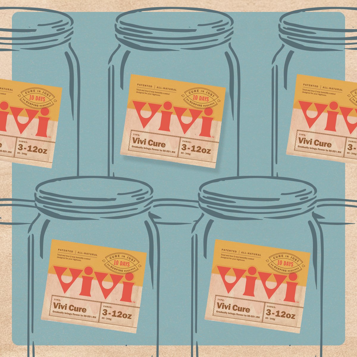 A series of illustrated glass jars, each with a Vivi Cure inside. A series of illustrated glass jars, each with a Vivi Cure inside.