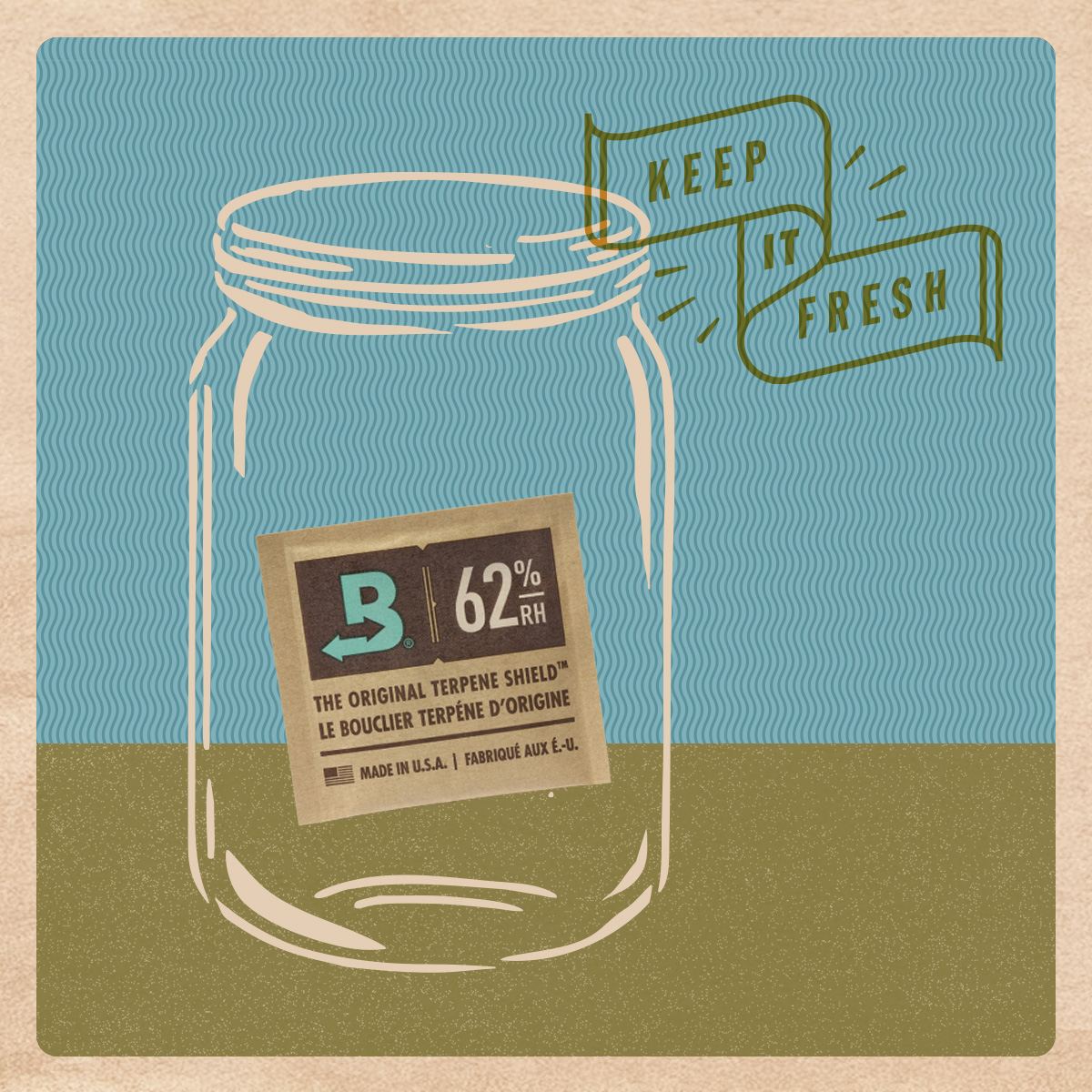 An illustration of a glass jar with a Boveda 2-way humidity control pack inside. An illustration of a glass jar with a Boveda 2-way humidity control pack inside.