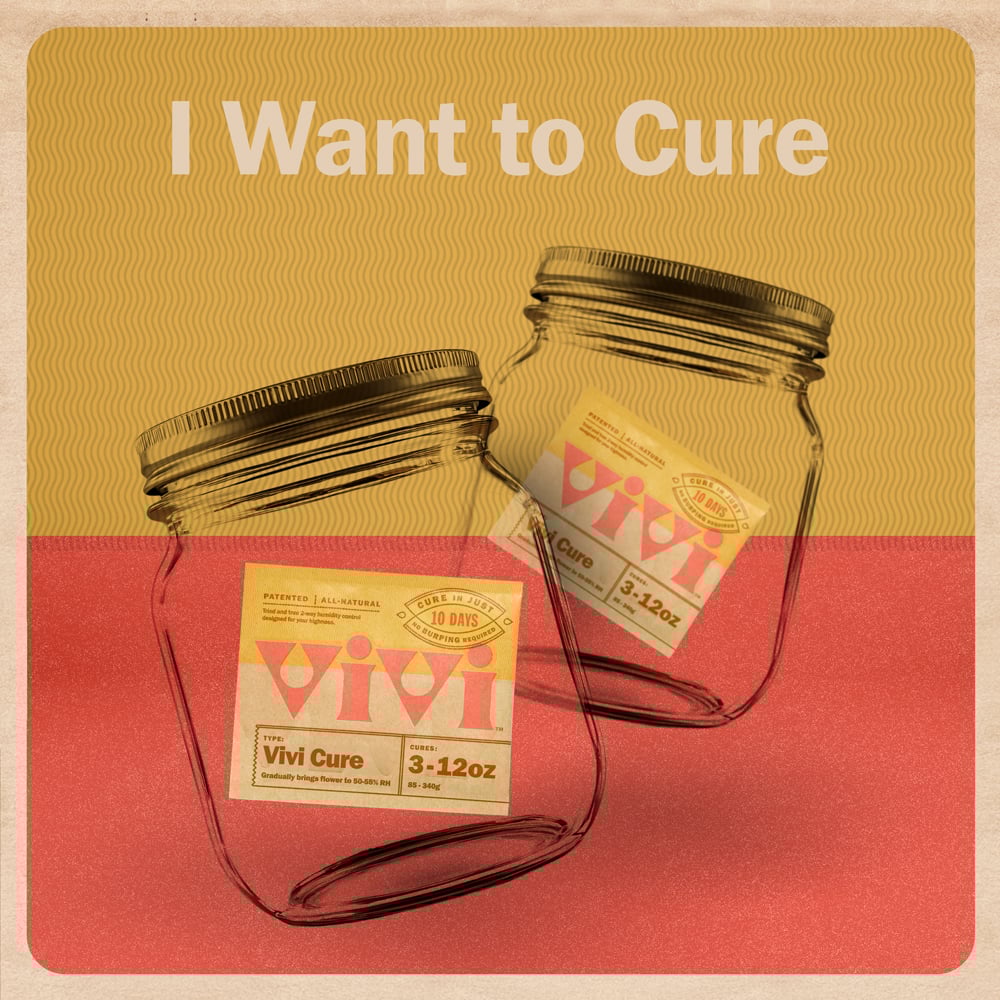 A headline of I want to Cure with two jars floating over a gold and red background. Each jar contains a Vivi Cure pack. A headline of I want to Cure with two jars floating over a gold and red background. Each jar contains a Vivi Cure pack.