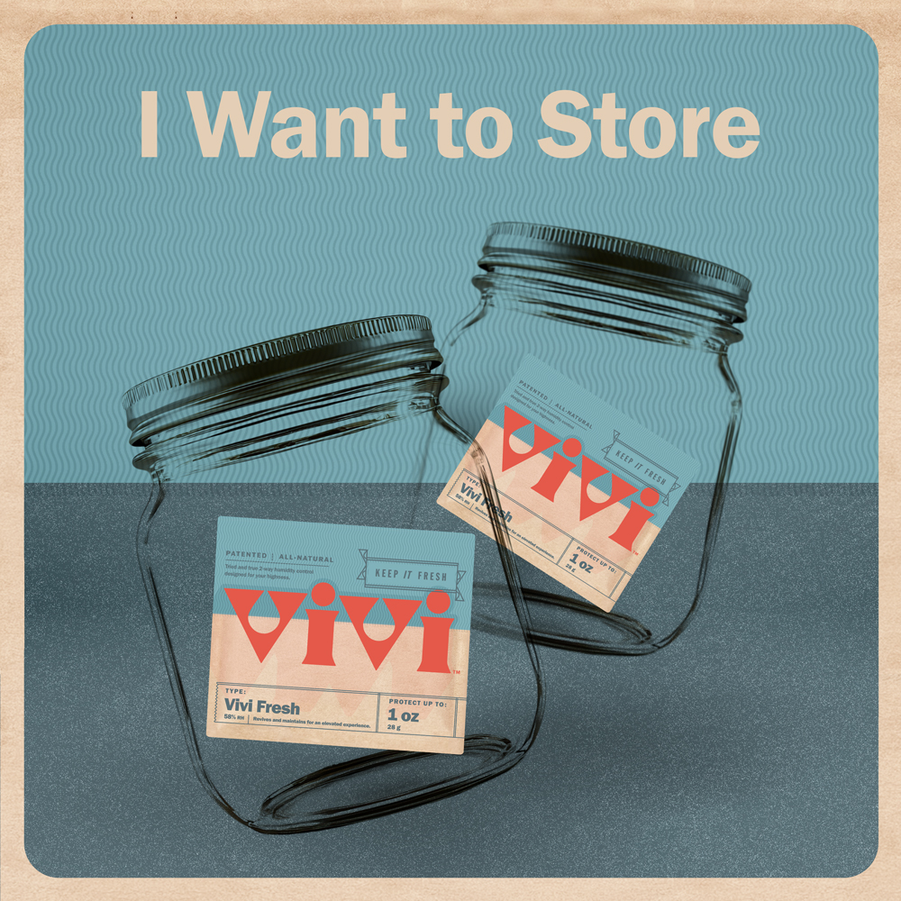 A headline of I want to Store with two jars floating over a blue background. Each jar contains a Vivi Fresh pack. A headline of I want to Store with two jars floating over a blue background. Each jar contains a Vivi Fresh pack.
